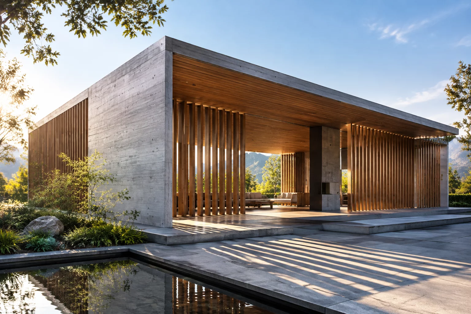 Modern finished architectural concrete building bathed in natural light